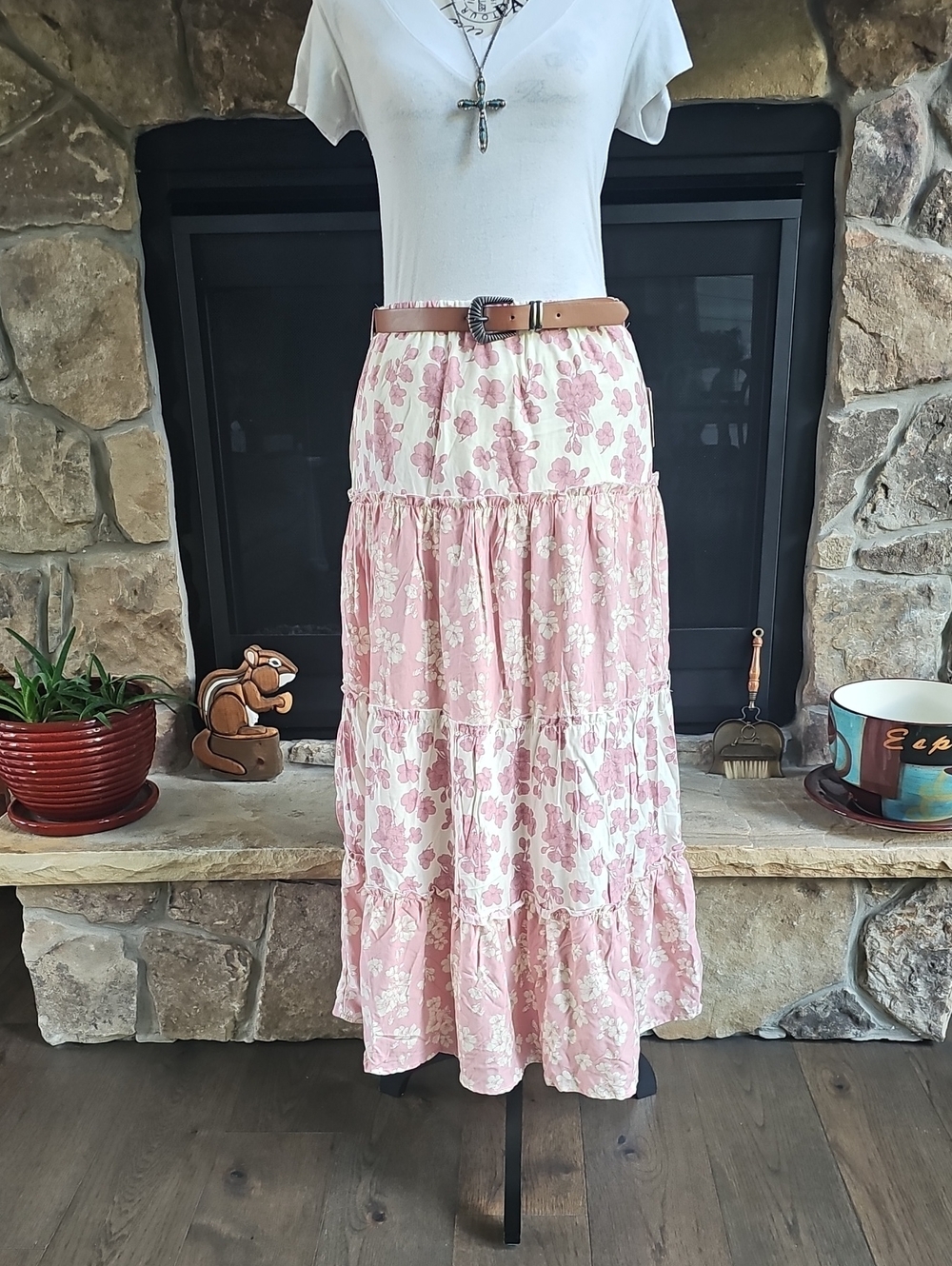 NWT No Comment Pink Floral Tiered Maxi Skirt M Boho w Belt